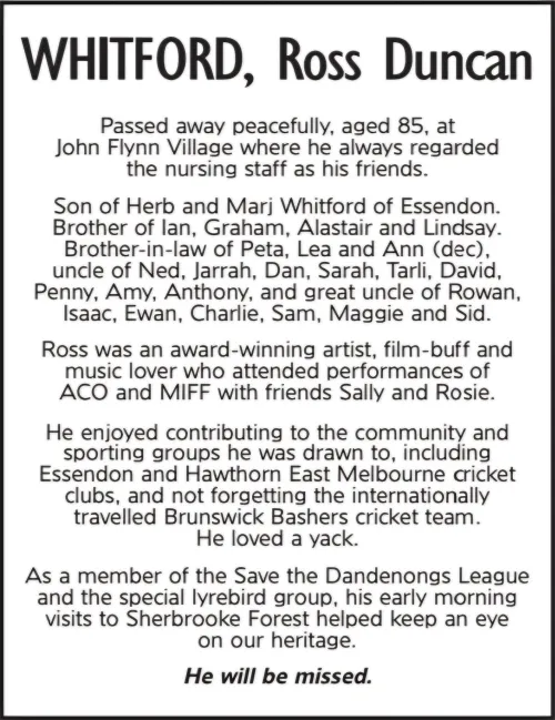 Ross Whitford Obituary
